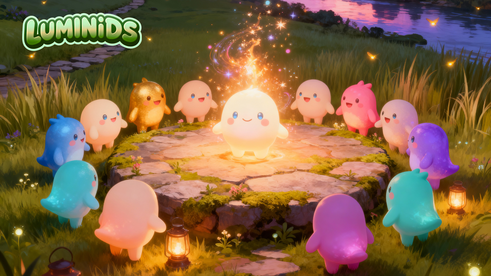 Luminids world-building simulation scene with luminous creatures